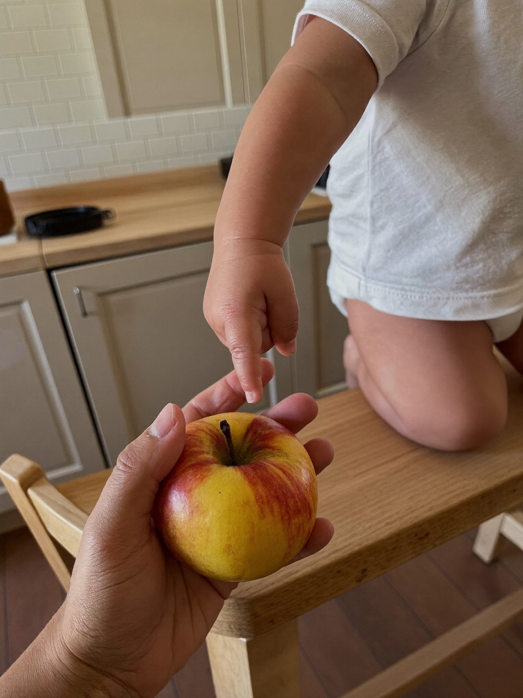 A parent offers an apple; a toddler’s hand reaches down to touch it